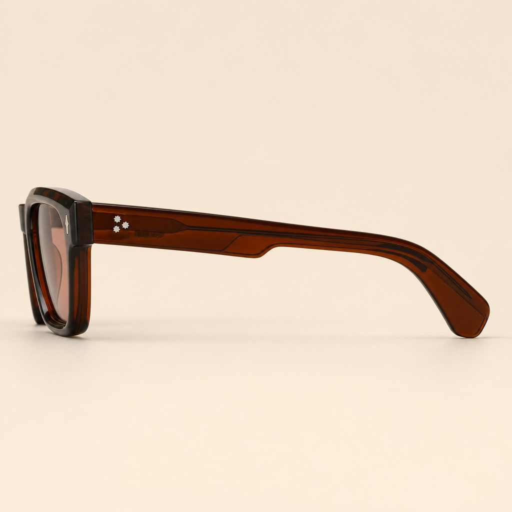 SIDE VIEW OF 2005 SAGE SUNGLASSES SHOWING TRANSLUCENT BROWN ACETATE TEMPLES AND SMALL STAR-SHAPED METAL DETAIL.