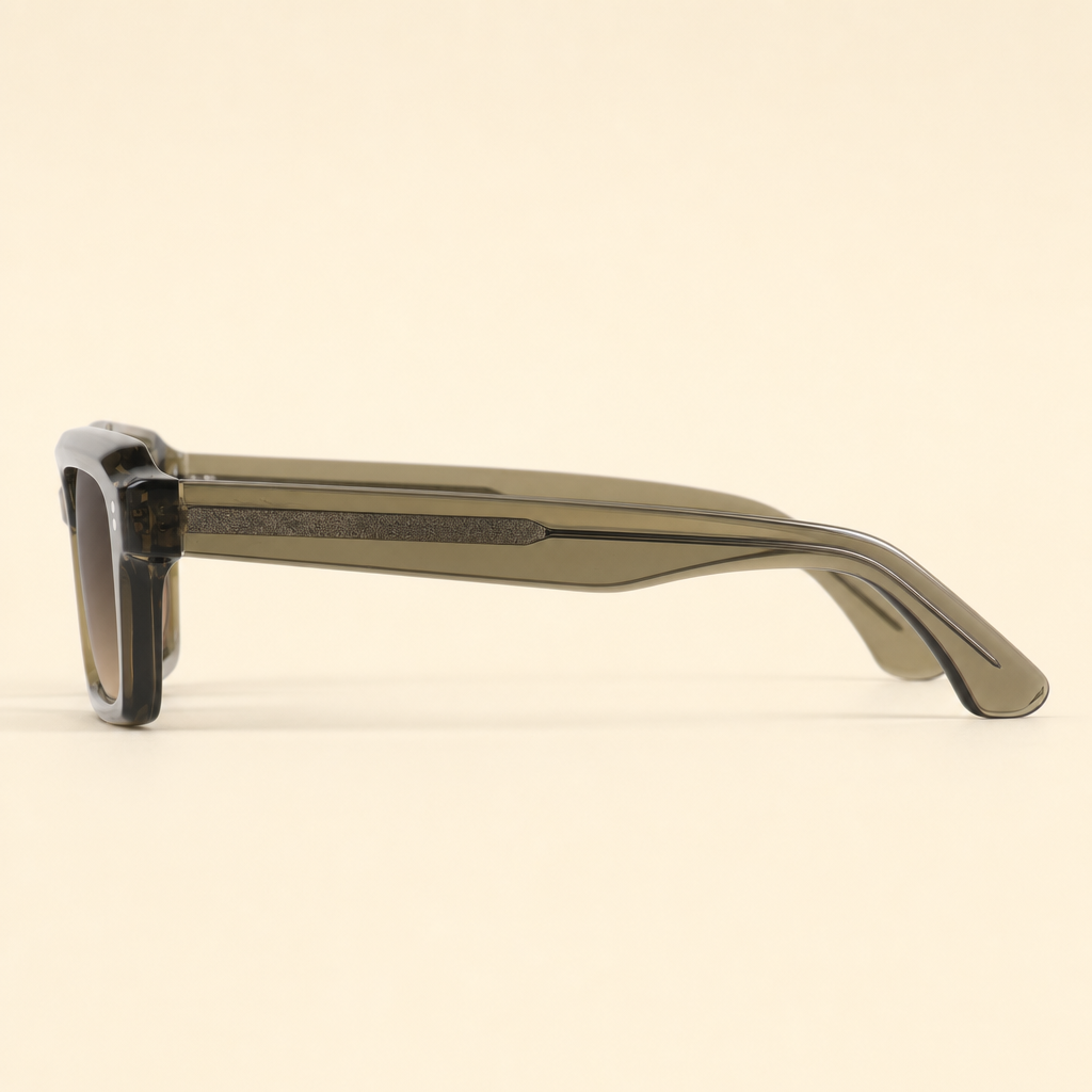 SIDE VIEW OF 2005 AMBER SUNGLASSES SHOWING TRANSLUCENT OLIVE-GREEN ACETATE TEMPLES.