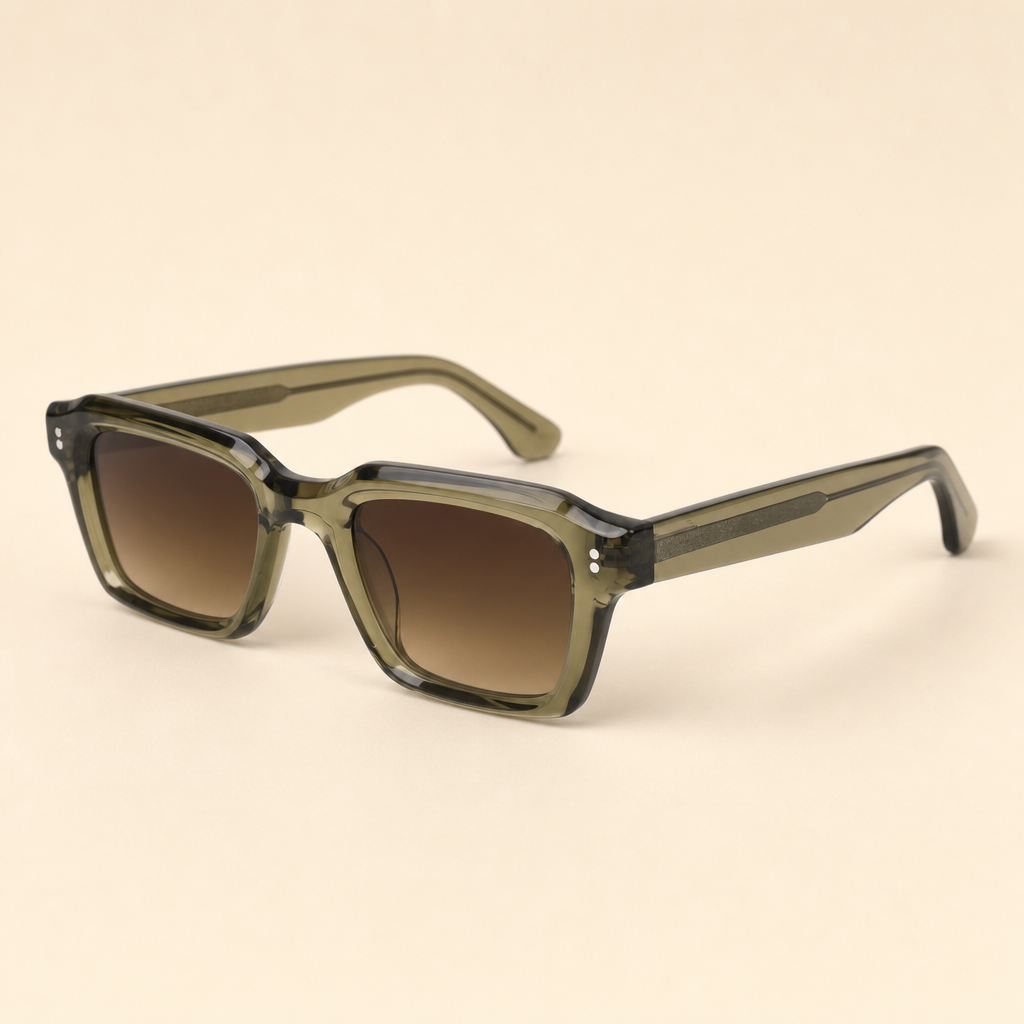 FRONT VIEW OF 2005 AMBER OLIVE GREEN ACETATE SUNGLASSES WITH GRADIENT BROWN LENSES.