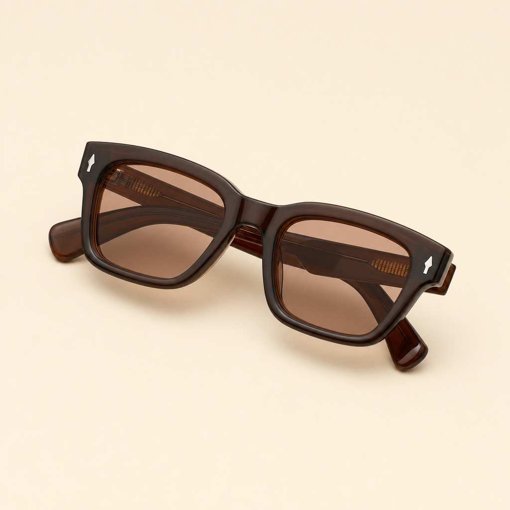 THREE-QUARTER VIEW OF 2005 SAGE SQUARE SUNGLASSES IN DEEP BROWN ACETATE.