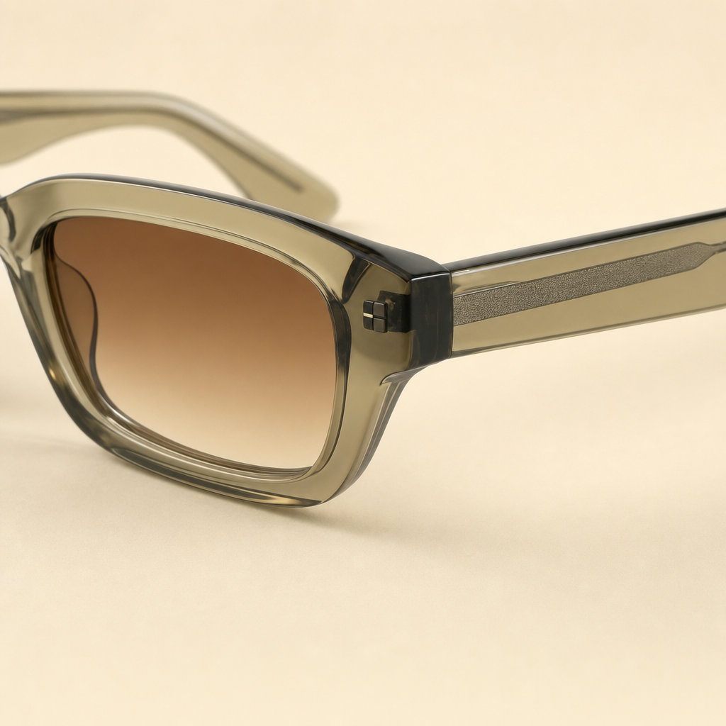 Folded view of 2005 GROVE olive acetate sunglasses with soft brown gradient lenses.