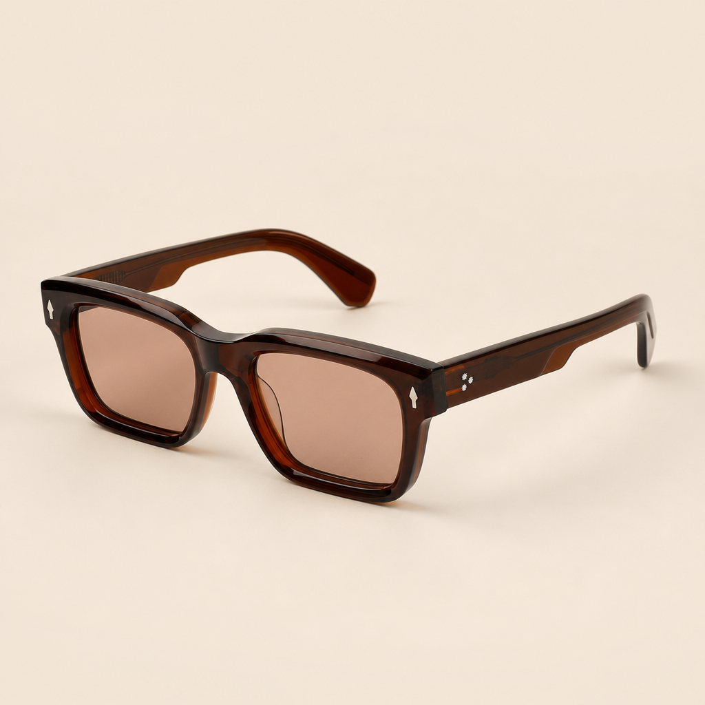 MODEL WEARING 2005 SAGE BROWN ACETATE SUNGLASSES.