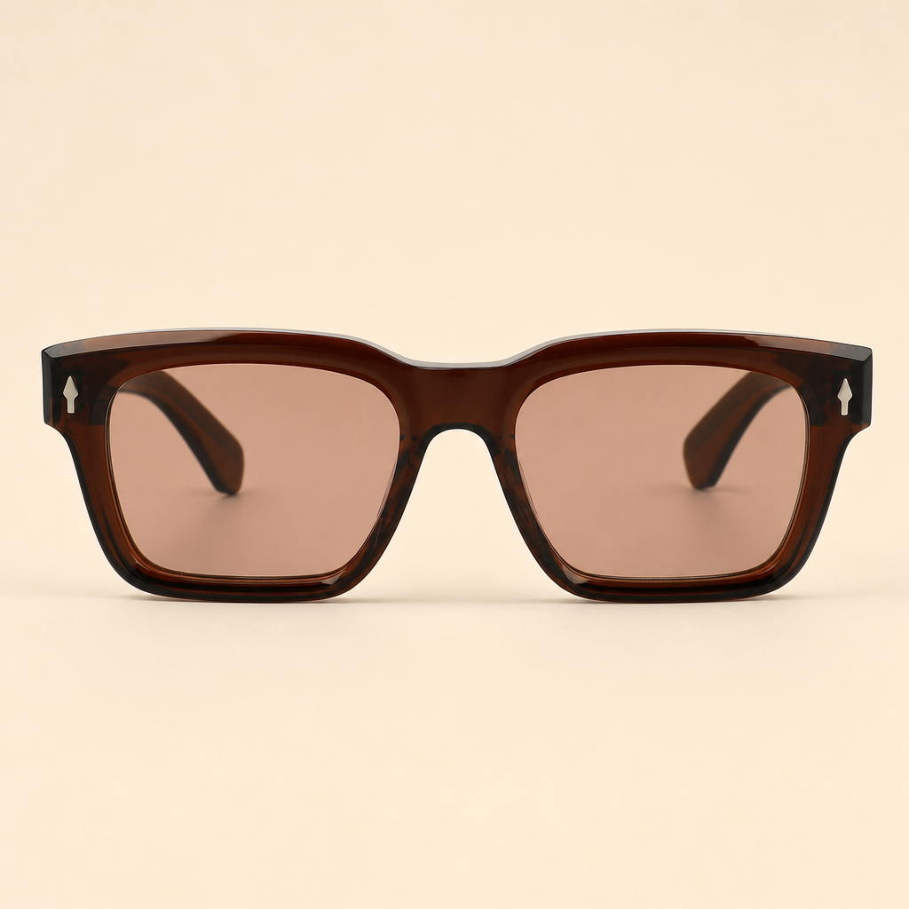 CLOSE-UP DETAIL OF 2005 SAGE SUNGLASSES SHOWING TRANSLUCENT BROWN ACETATE AND SILVER STAR-SHAPED METAL DETAIL AT THE TEMPLE.