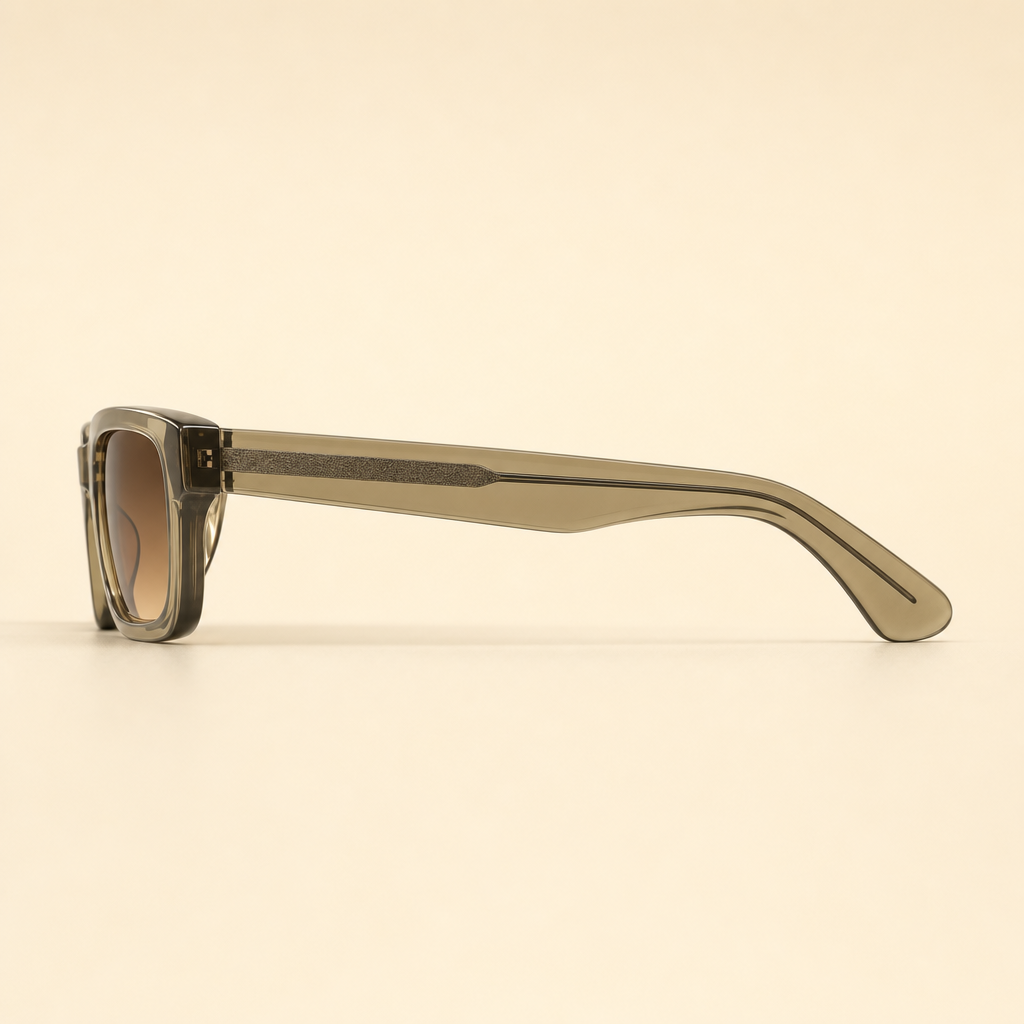 Front view of 2005 GROVE olive acetate sunglasses with brown gradient lenses.