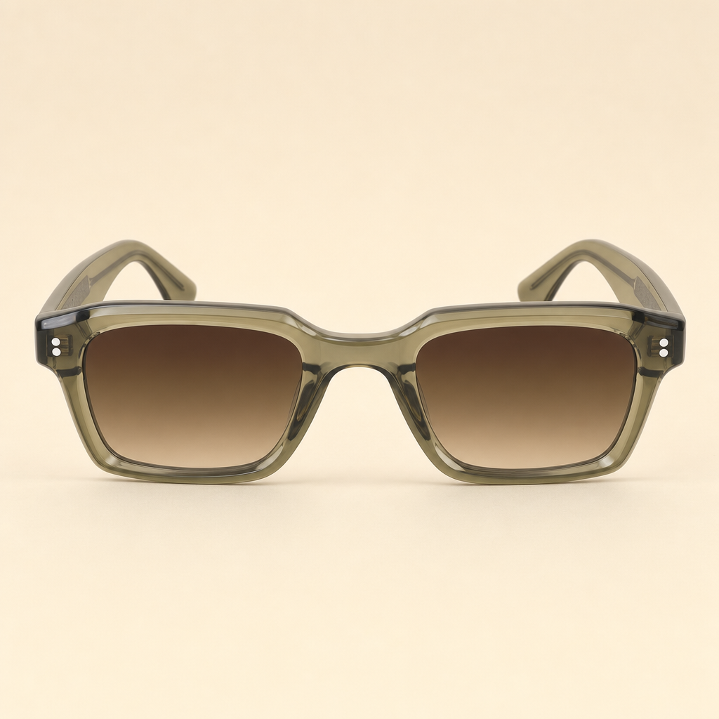 2005 AMBER OLIVE GREEN ACETATE SUNGLASSES FOLDED.
