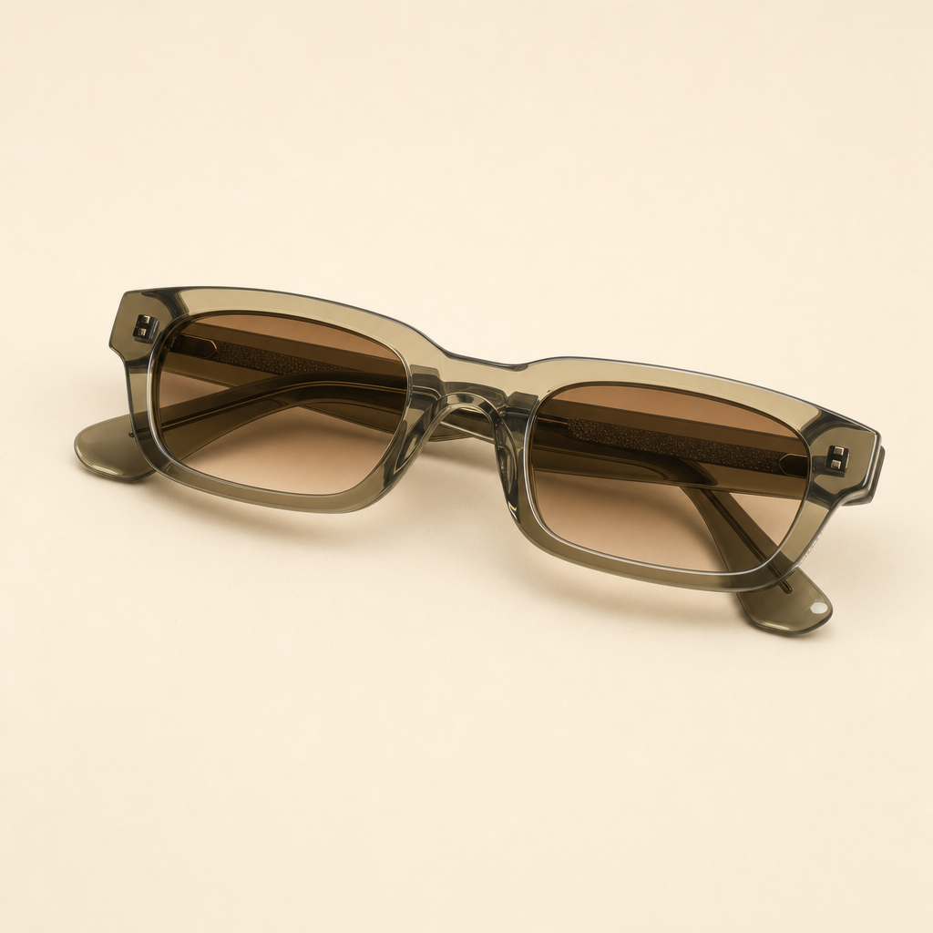 Three-quarter view of 2005 GROVE olive acetate square sunglasses.